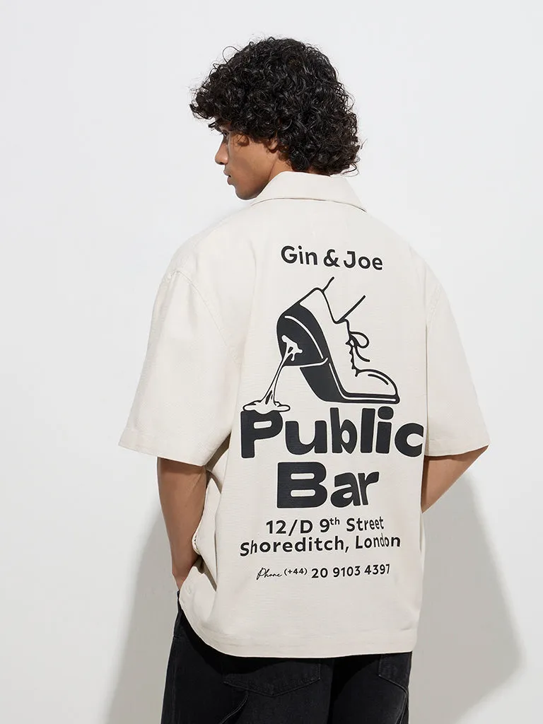 Nuon Off-White Text Design Relaxed-Fit Cotton Jacket