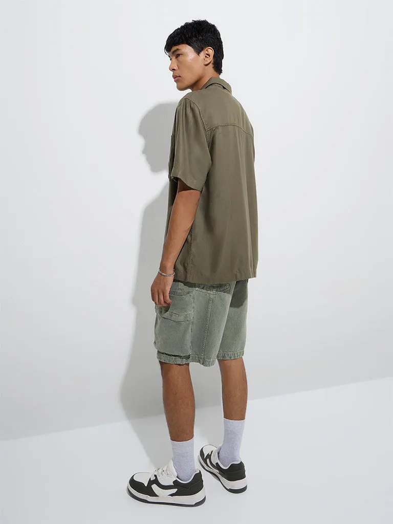 Nuon Olive Solid Relaxed-Fit Cotton Shirt