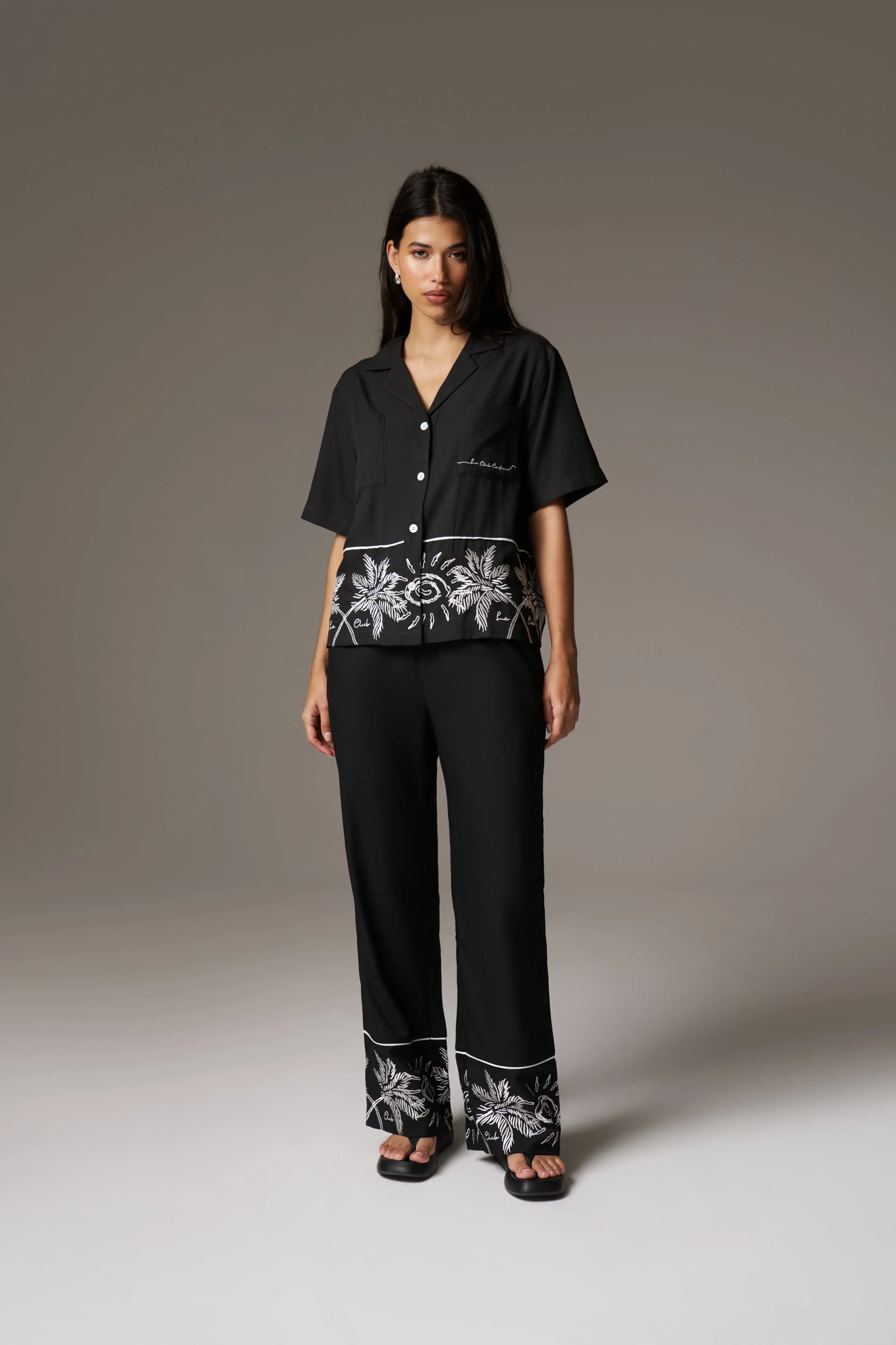 PALM EMBROIDERY WIDE LEG TROUSERS - BLACK