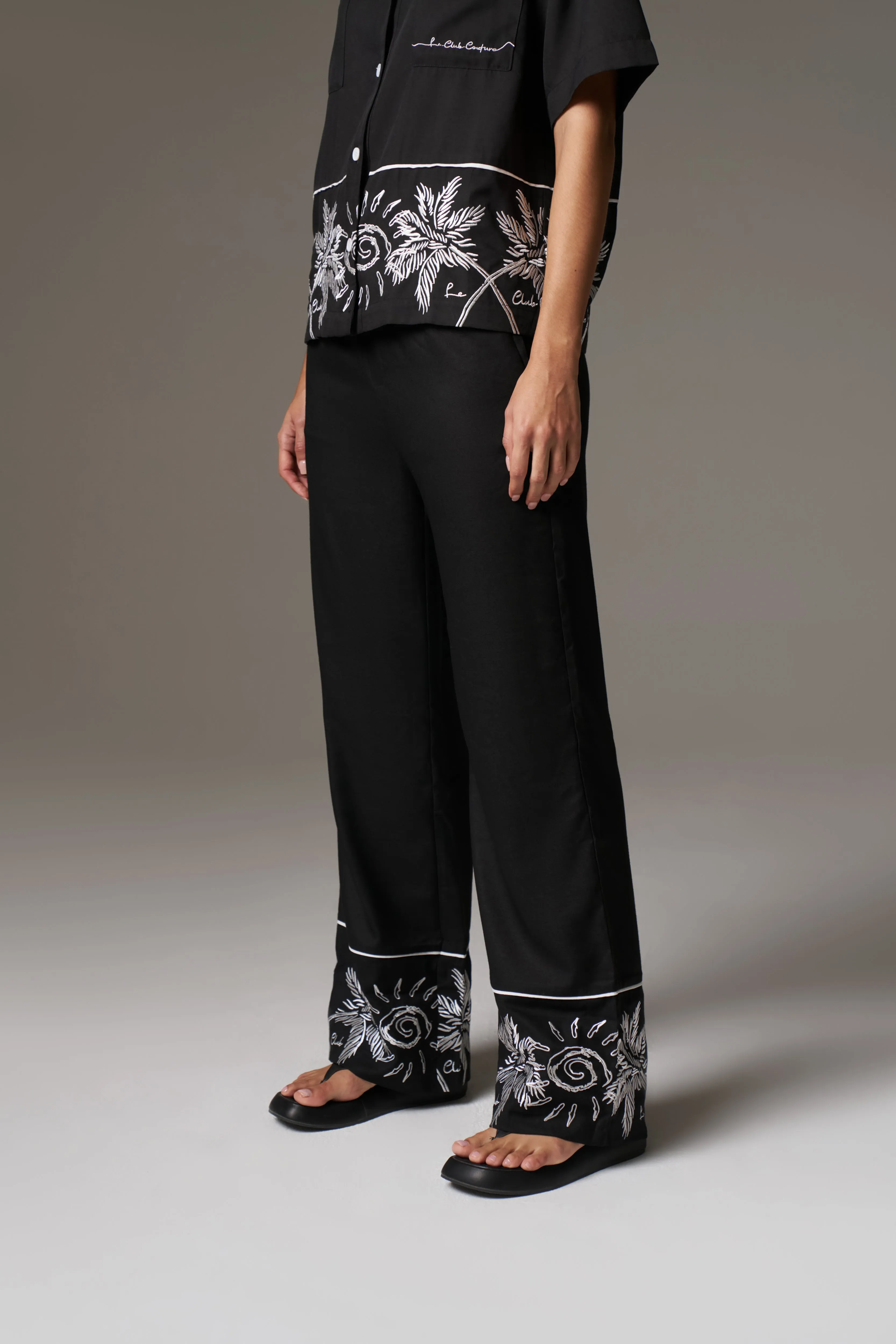 PALM EMBROIDERY WIDE LEG TROUSERS - BLACK