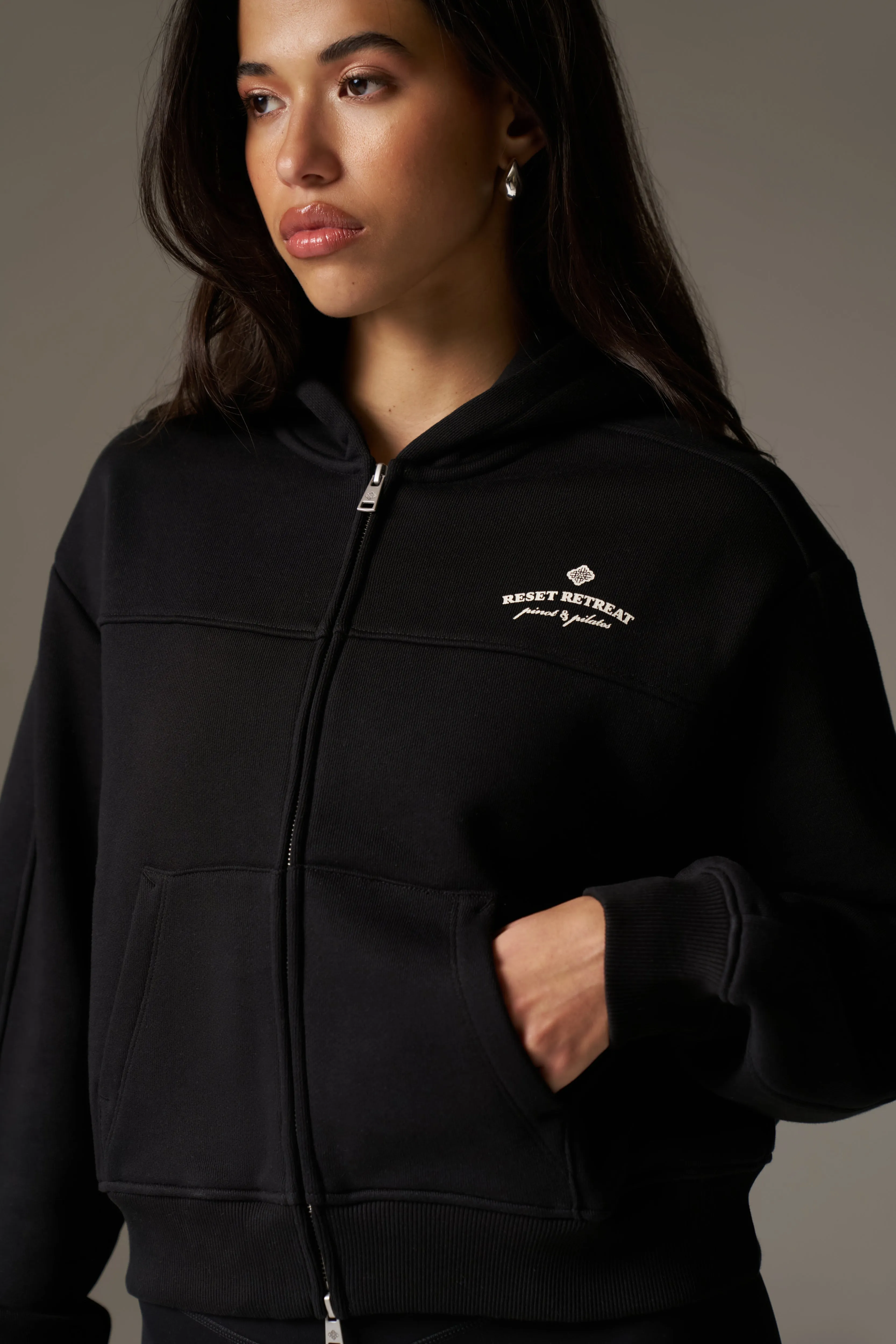 PILATES & PINOT ZIP THROUGH CROPPED HOODIE - BLACK