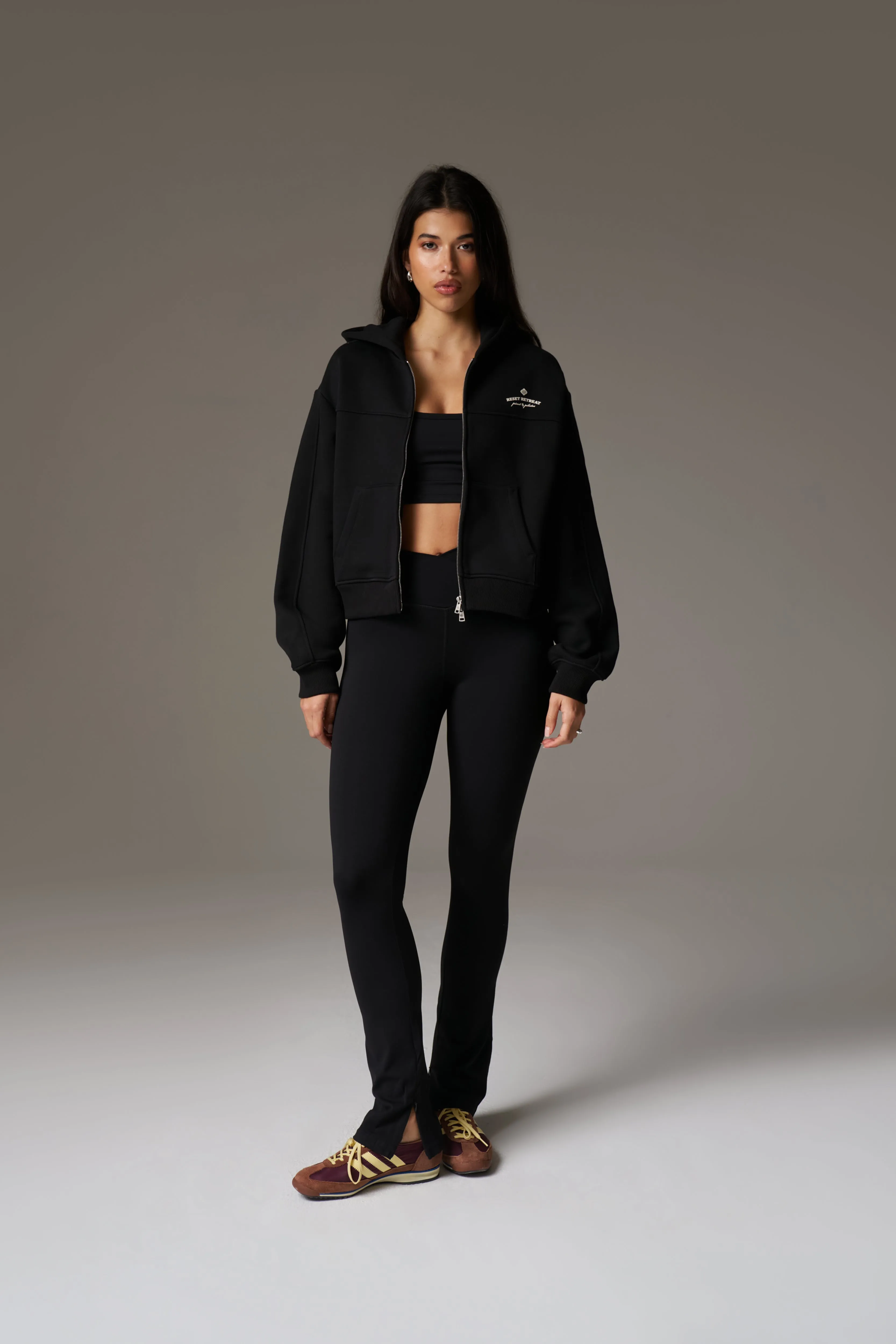 PILATES & PINOT ZIP THROUGH CROPPED HOODIE - BLACK