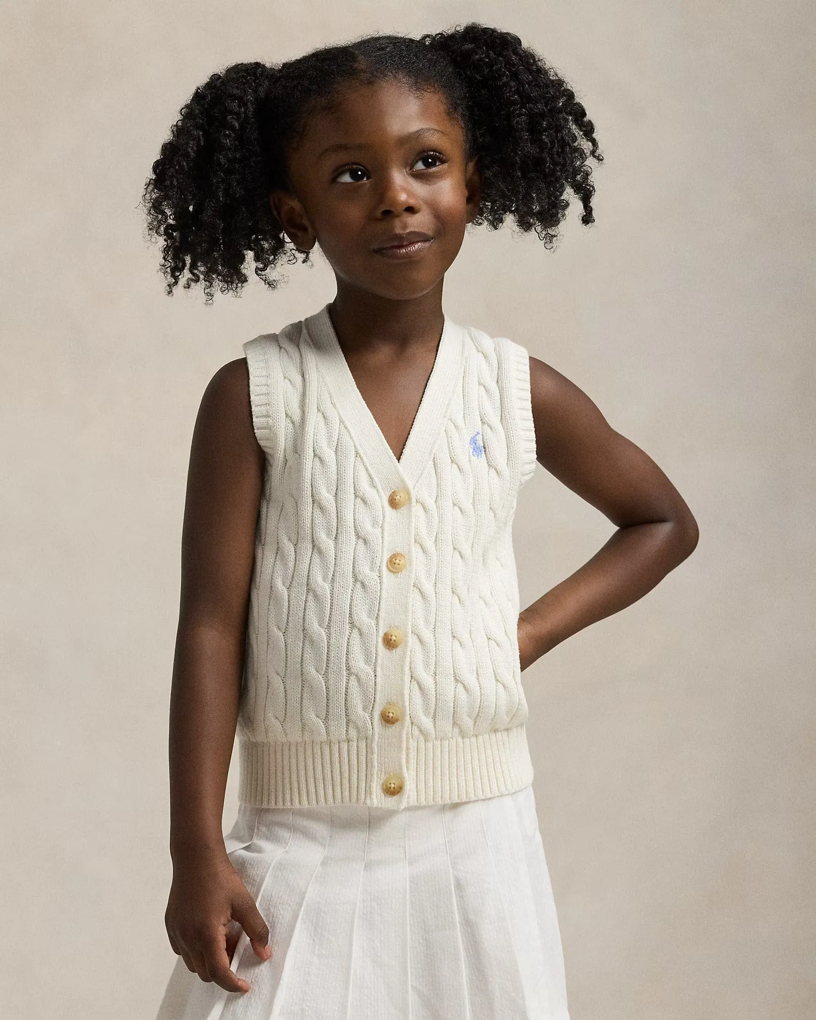 Ralph Lauren Girls Cable Knit Jumper Waistcoat in Ivory