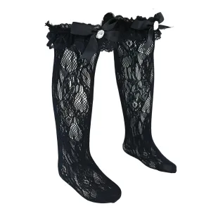 Rhinestone Lace Trim Bow Socks