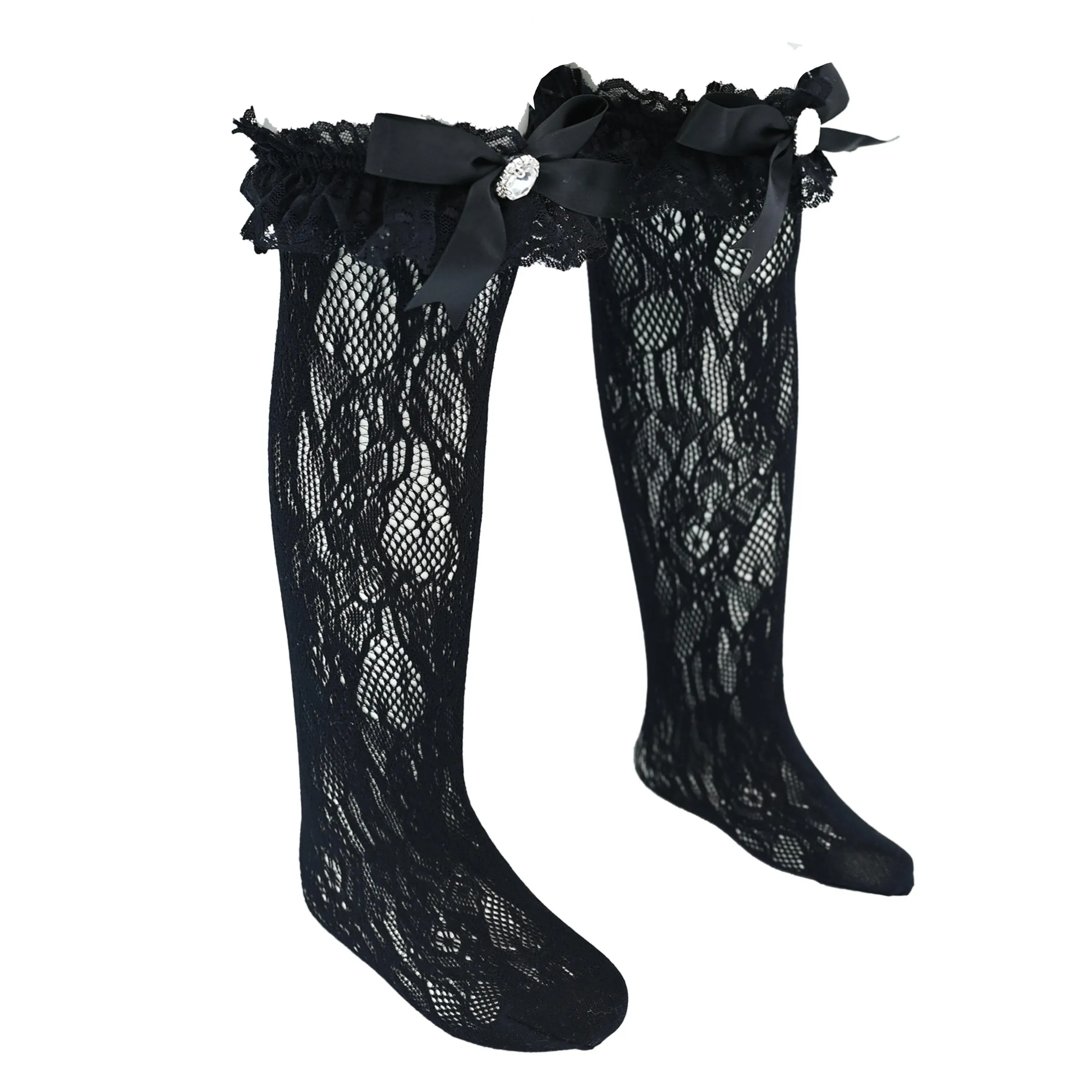 Rhinestone Lace Trim Bow Socks