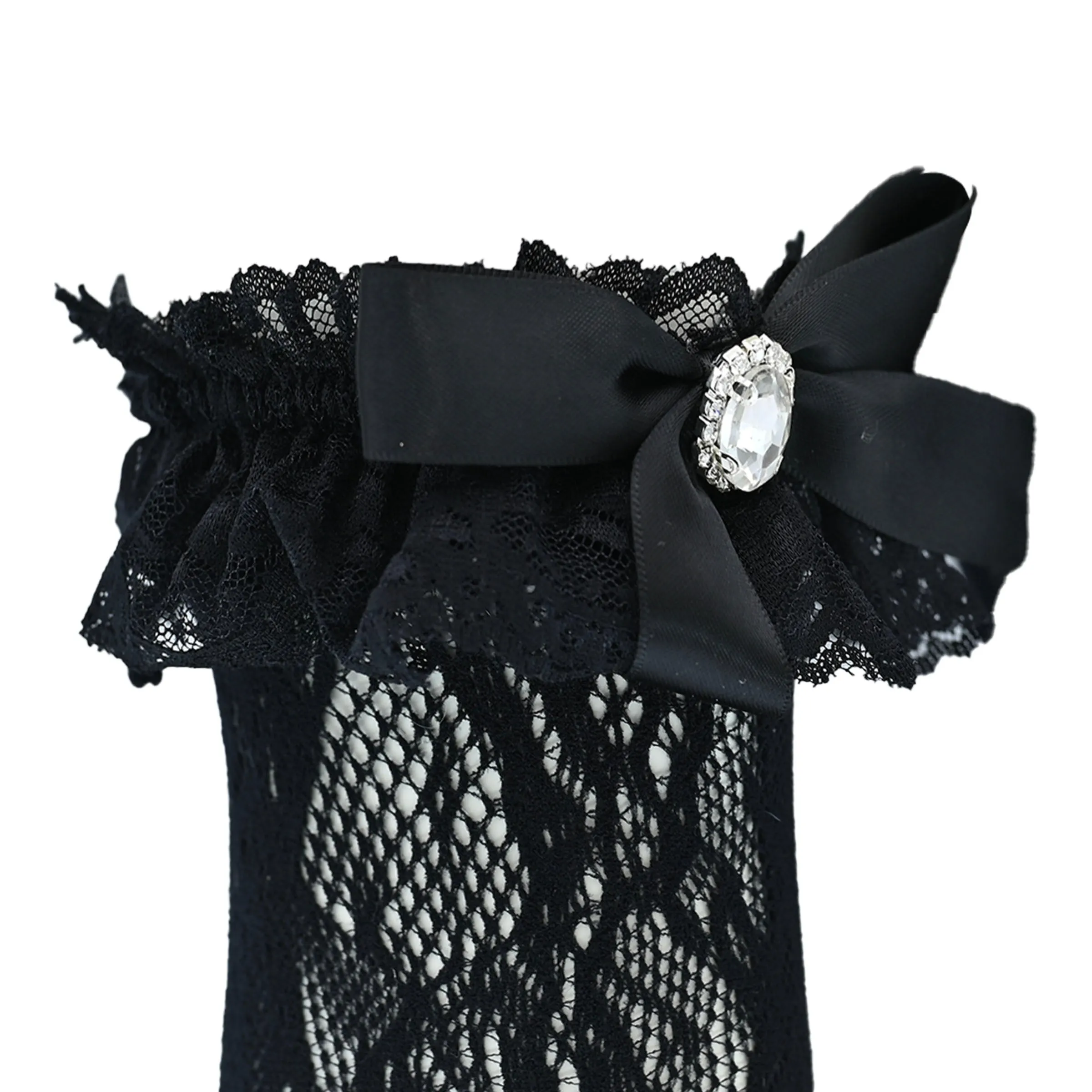 Rhinestone Lace Trim Bow Socks