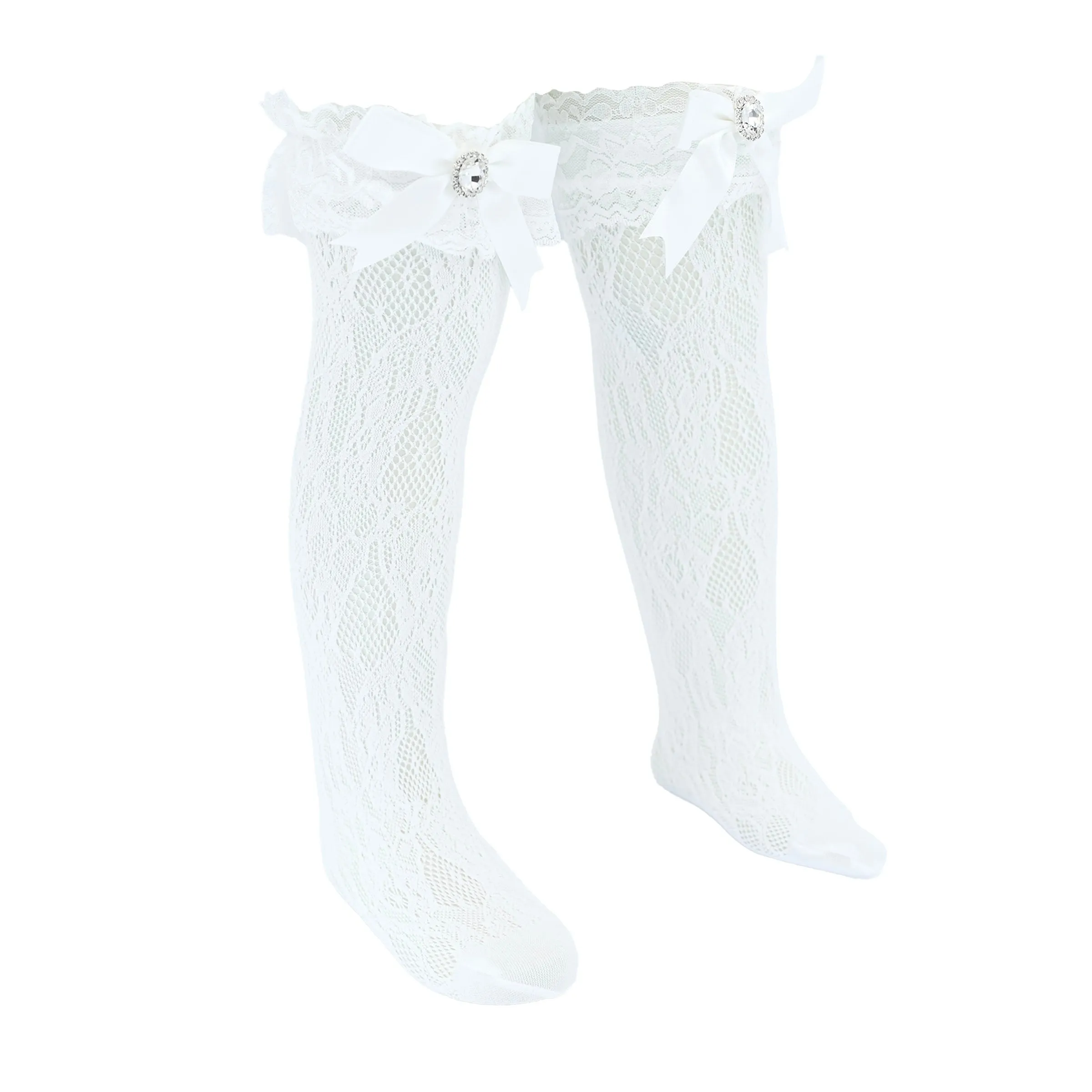 Rhinestone Lace Trim Bow Socks