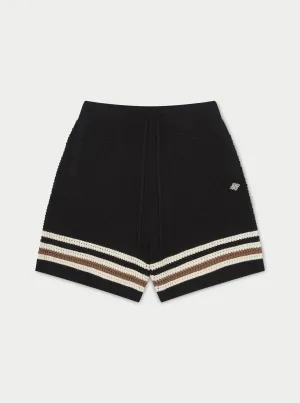 STRIPE TRIM CROCHET KNITTED SHORTS - BLACK