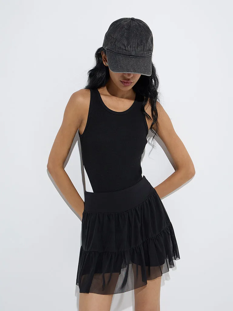 Studiofit Black Ribbed-Textured Bodysuit