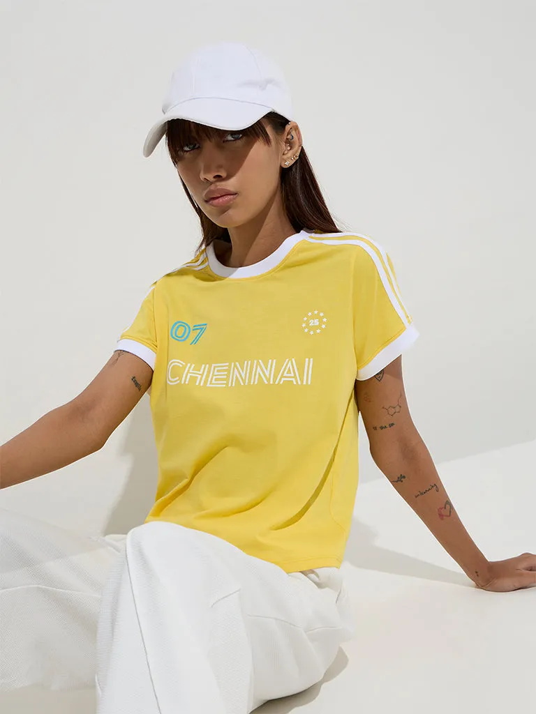 Studiofit Yellow Text Design Cotton T-Shirt