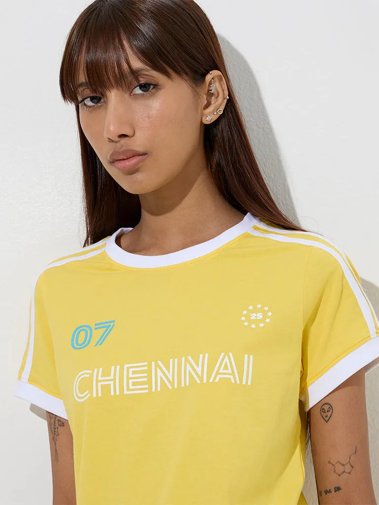 Studiofit Yellow Text Design Cotton T-Shirt