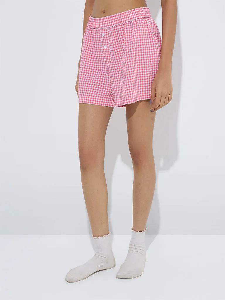 Superstar Pink Gingham Checkered Mid-Rise Cotton Shorts