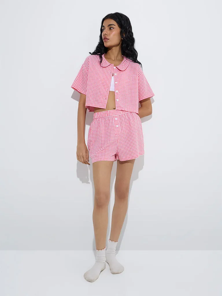 Superstar Pink Gingham Checkered Mid-Rise Cotton Shorts