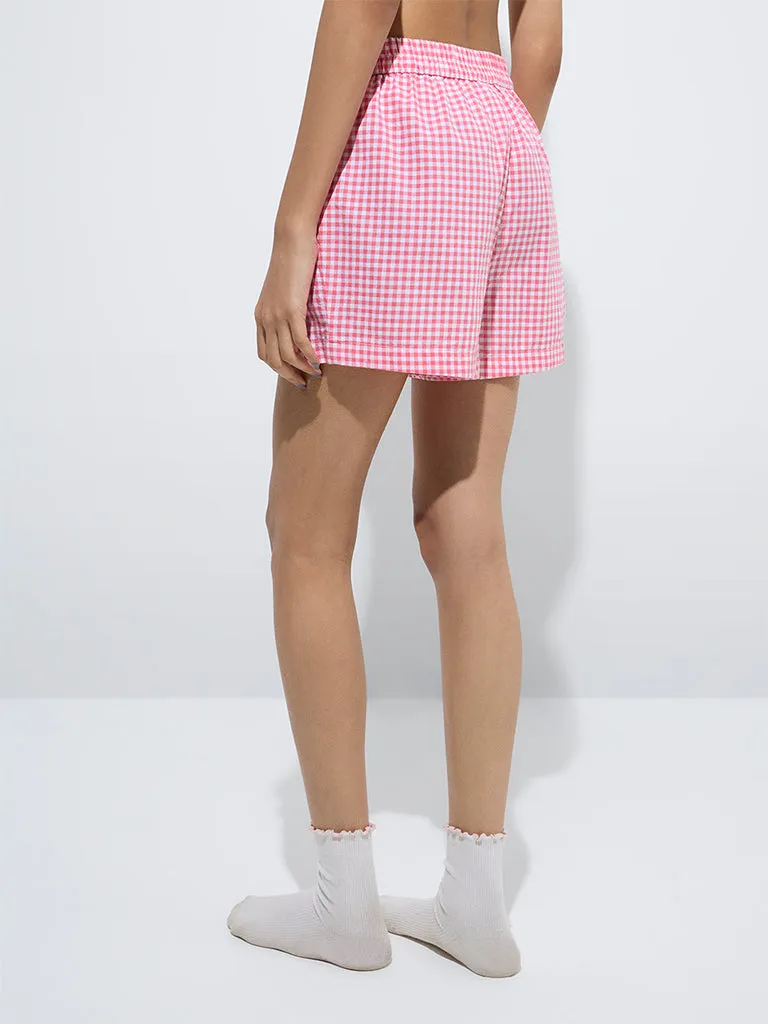 Superstar Pink Gingham Checkered Mid-Rise Cotton Shorts