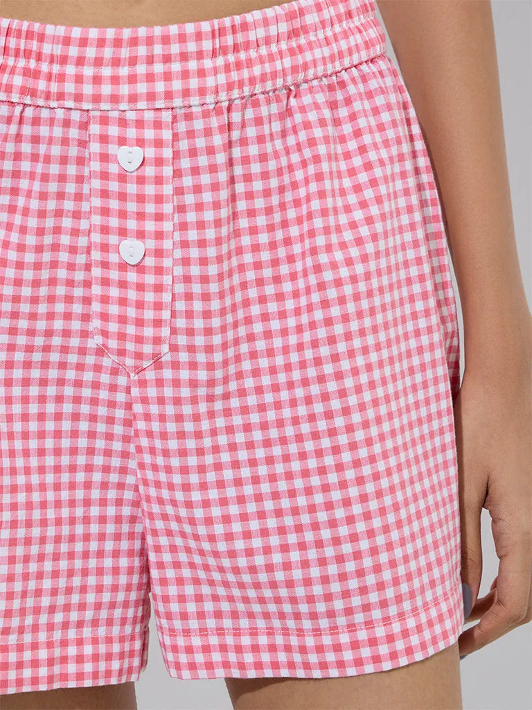 Superstar Pink Gingham Checkered Mid-Rise Cotton Shorts