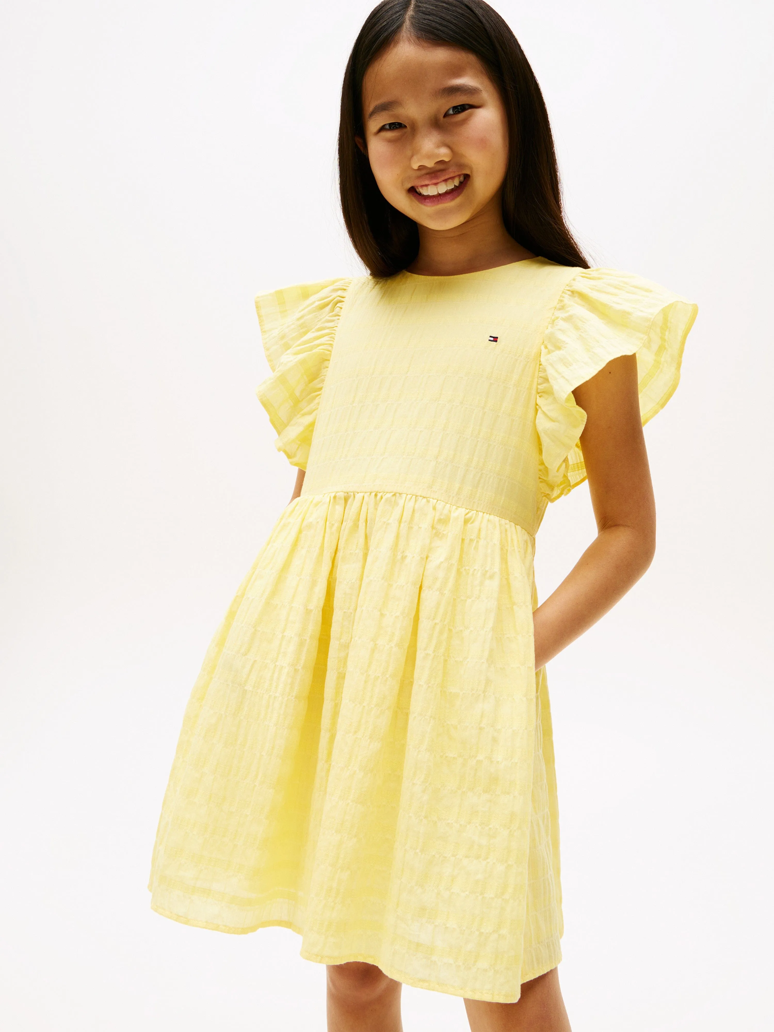 Tommy Hilfiger Girls Textured Cotton Dress in Yellow