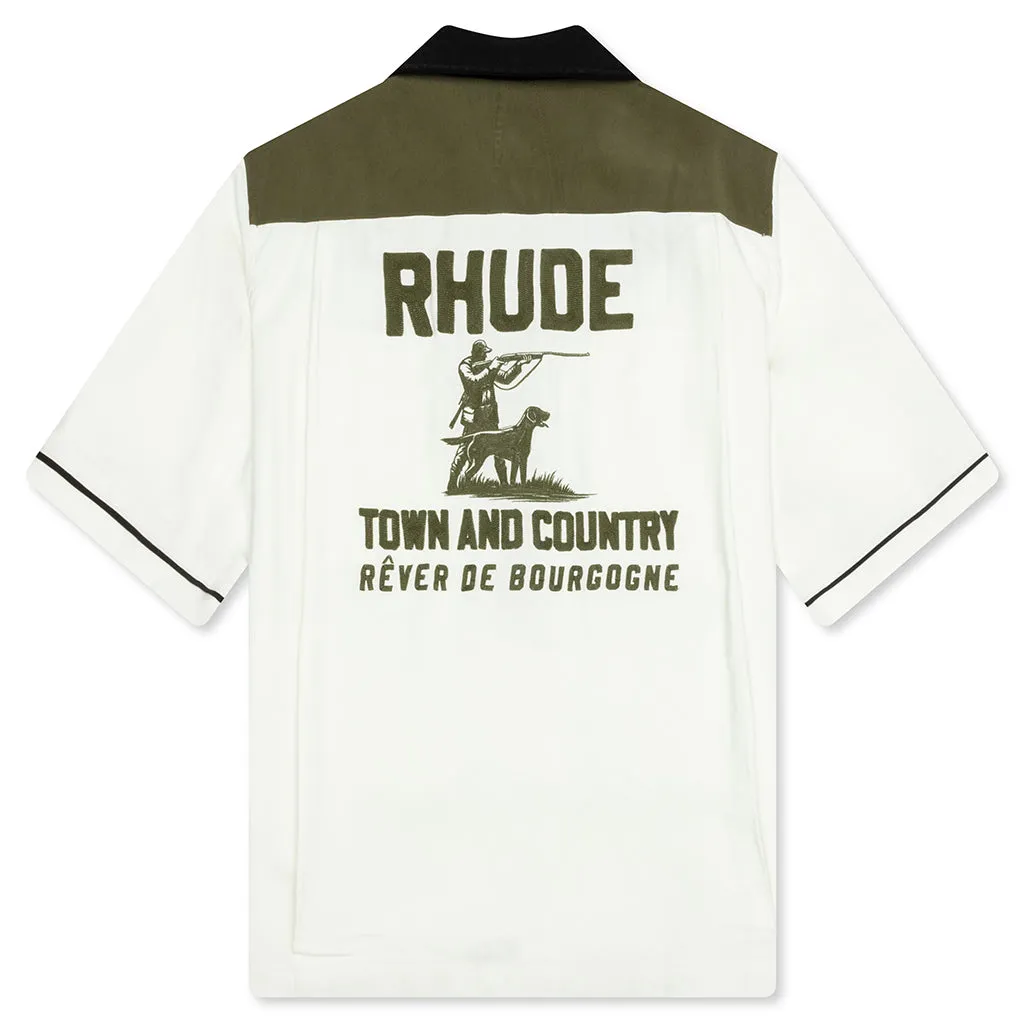 Town and Country Bowling Shirt - Military Green/Off White