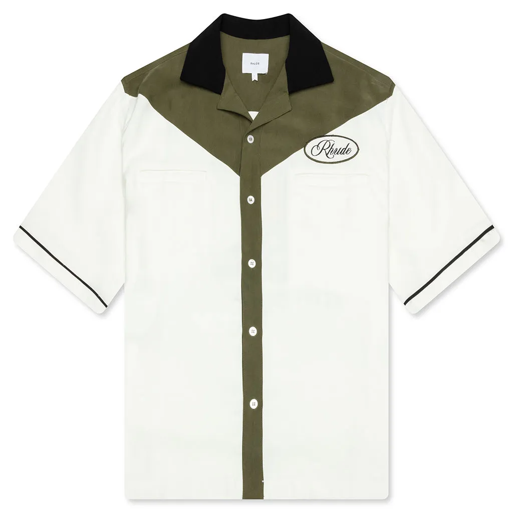 Town and Country Bowling Shirt - Military Green/Off White