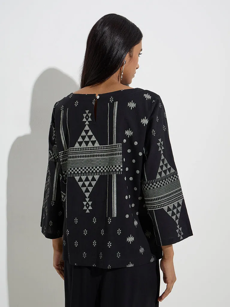 Utsa Black Printed Cotton-Blend Kurti