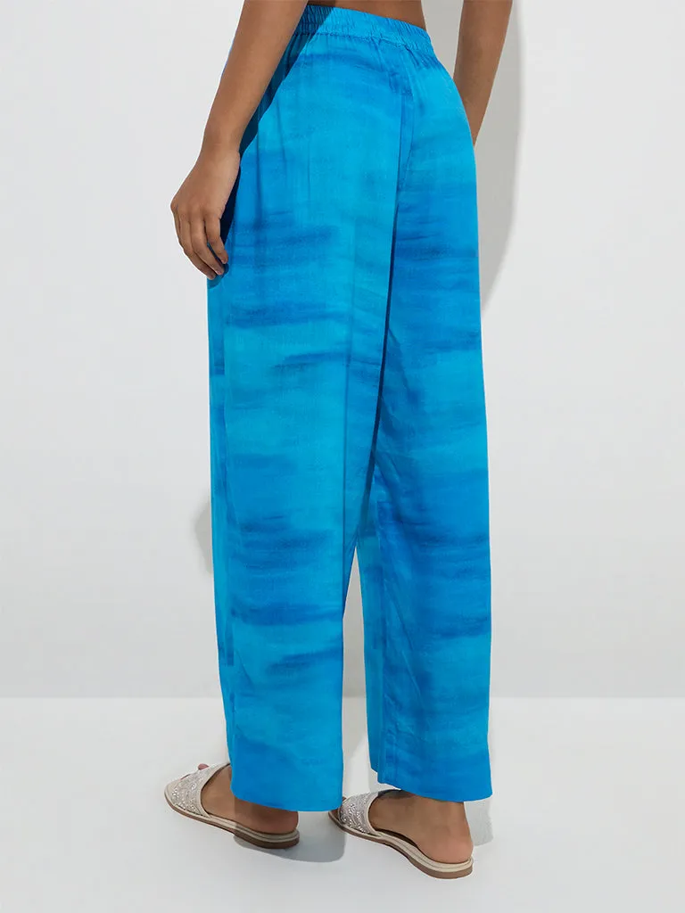 Utsa Blue Tie-Dye Printed Palazzos