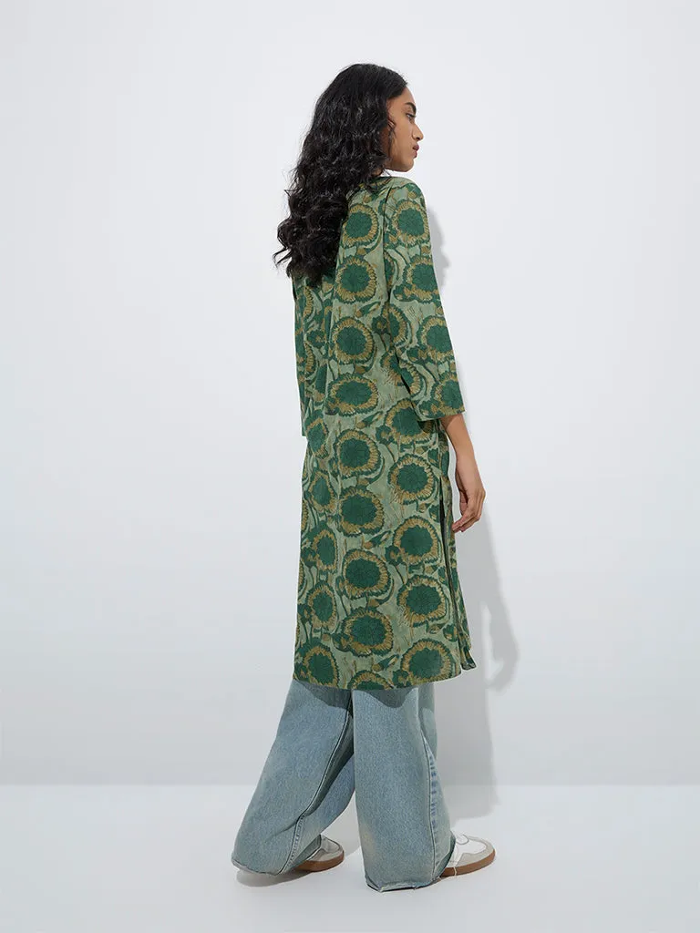 Utsa Green Floral Printed Straight Cotton Kurta