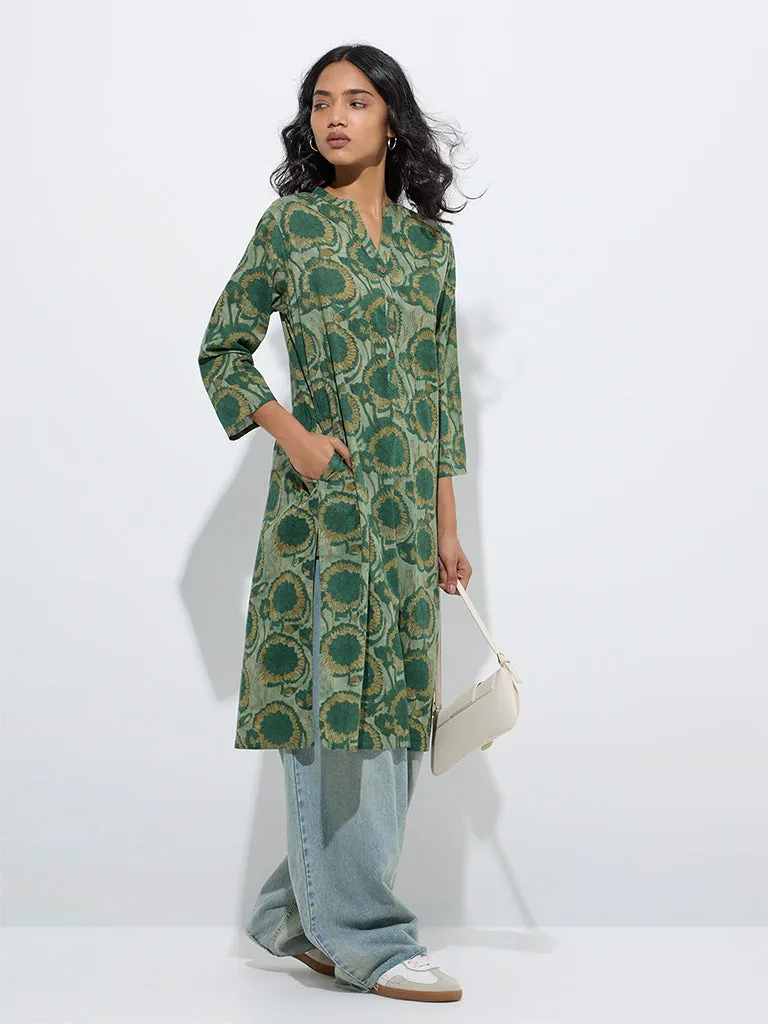 Utsa Green Floral Printed Straight Cotton Kurta