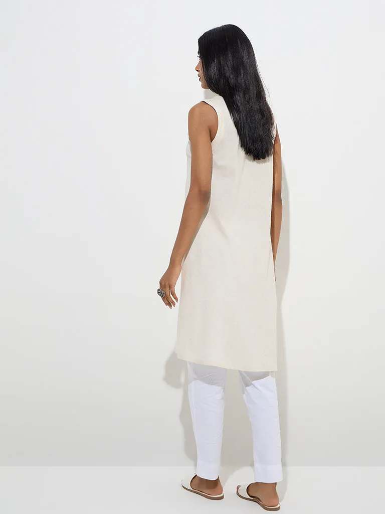 Utsa Off-White Mirror-Embroidered A-Line Cotton-Blend Kurta