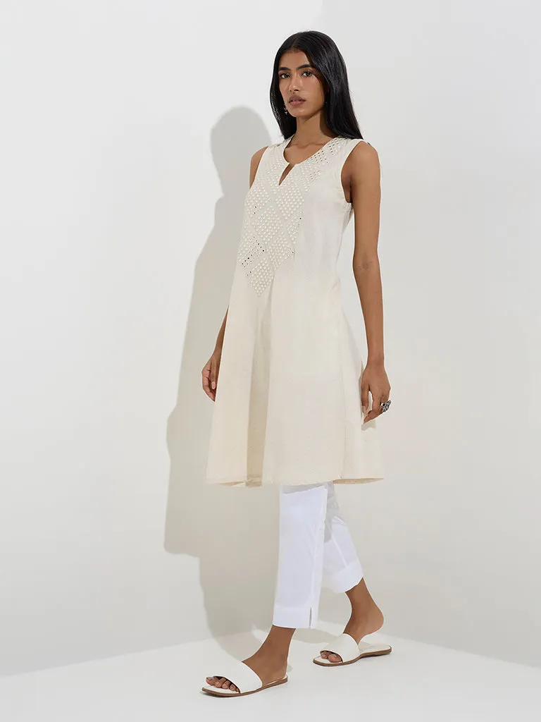 Utsa Off-White Mirror-Embroidered A-Line Cotton-Blend Kurta