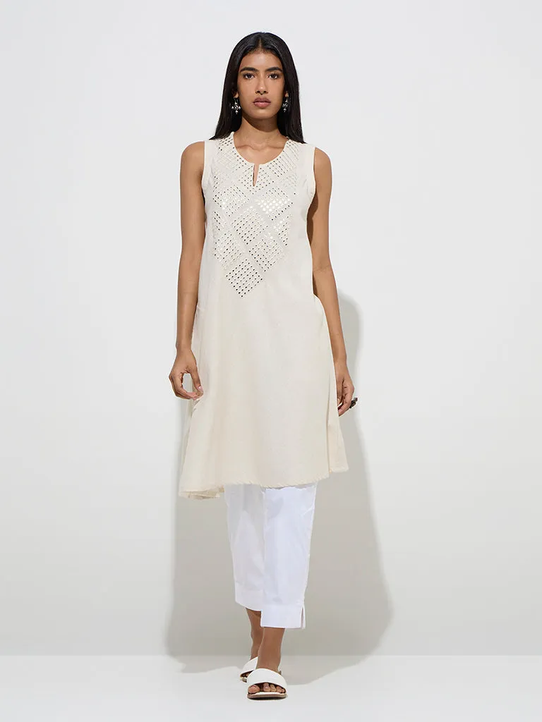 Utsa Off-White Mirror-Embroidered A-Line Cotton-Blend Kurta