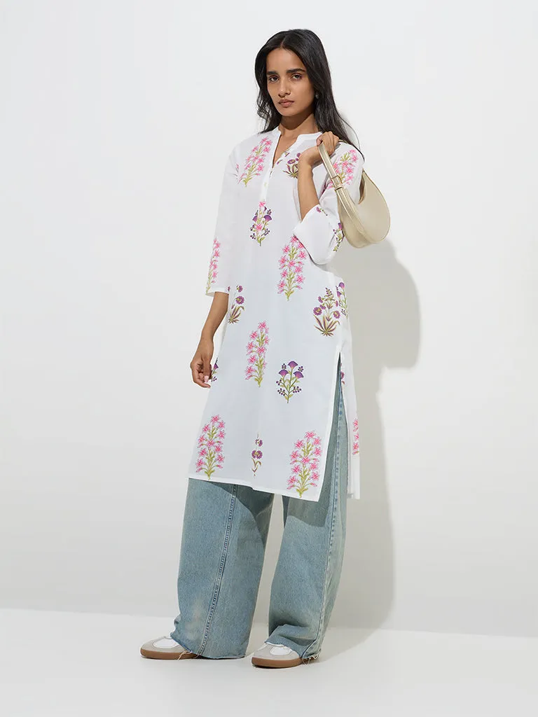 Utsa White Floral Design Straight Cotton Kurta