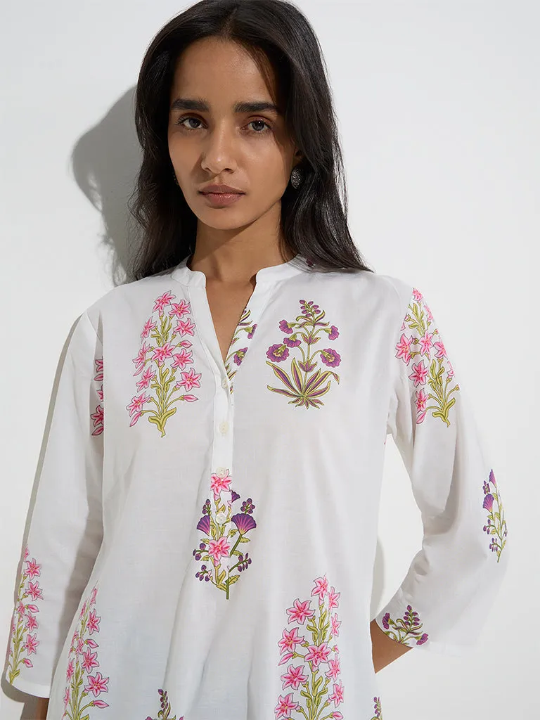 Utsa White Floral Design Straight Cotton Kurta