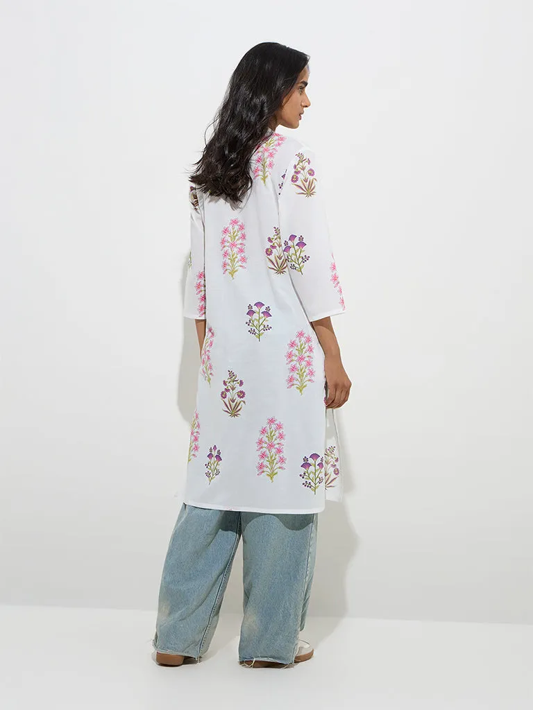 Utsa White Floral Design Straight Cotton Kurta