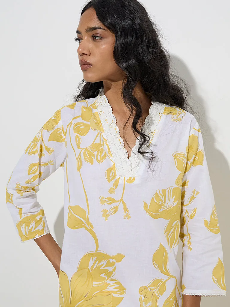 Utsa Yellow Botanical Design A-Line Kurta
