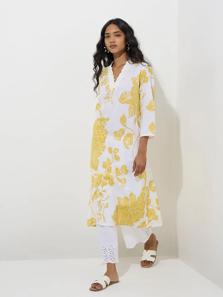 Utsa Yellow Botanical Design A-Line Kurta