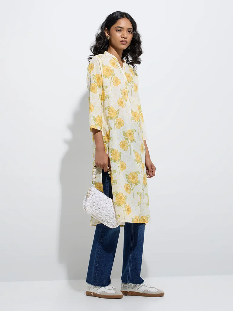 Utsa Yellow Floral Pattern Straight Cotton Kurta