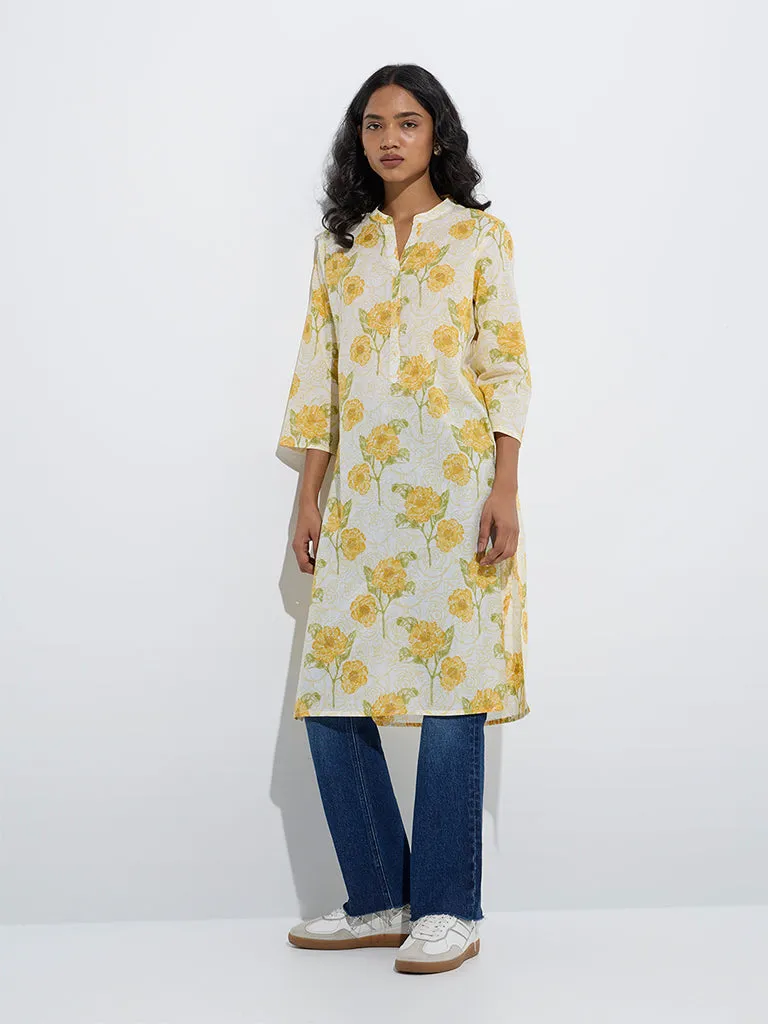 Utsa Yellow Floral Pattern Straight Cotton Kurta