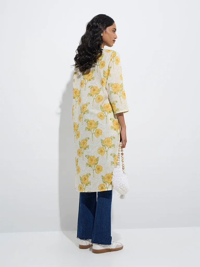 Utsa Yellow Floral Pattern Straight Cotton Kurta