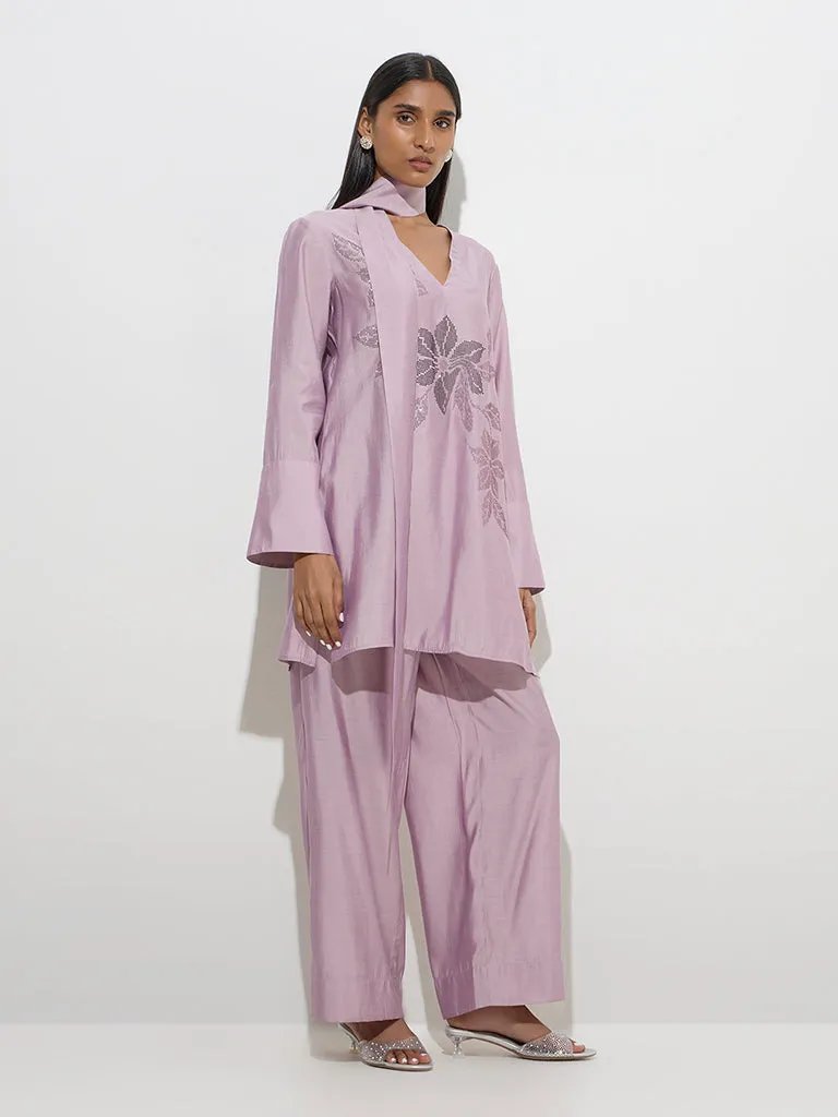 Vark Lilac Embellished A-Line Kurti. Palazzos and Sash Set
