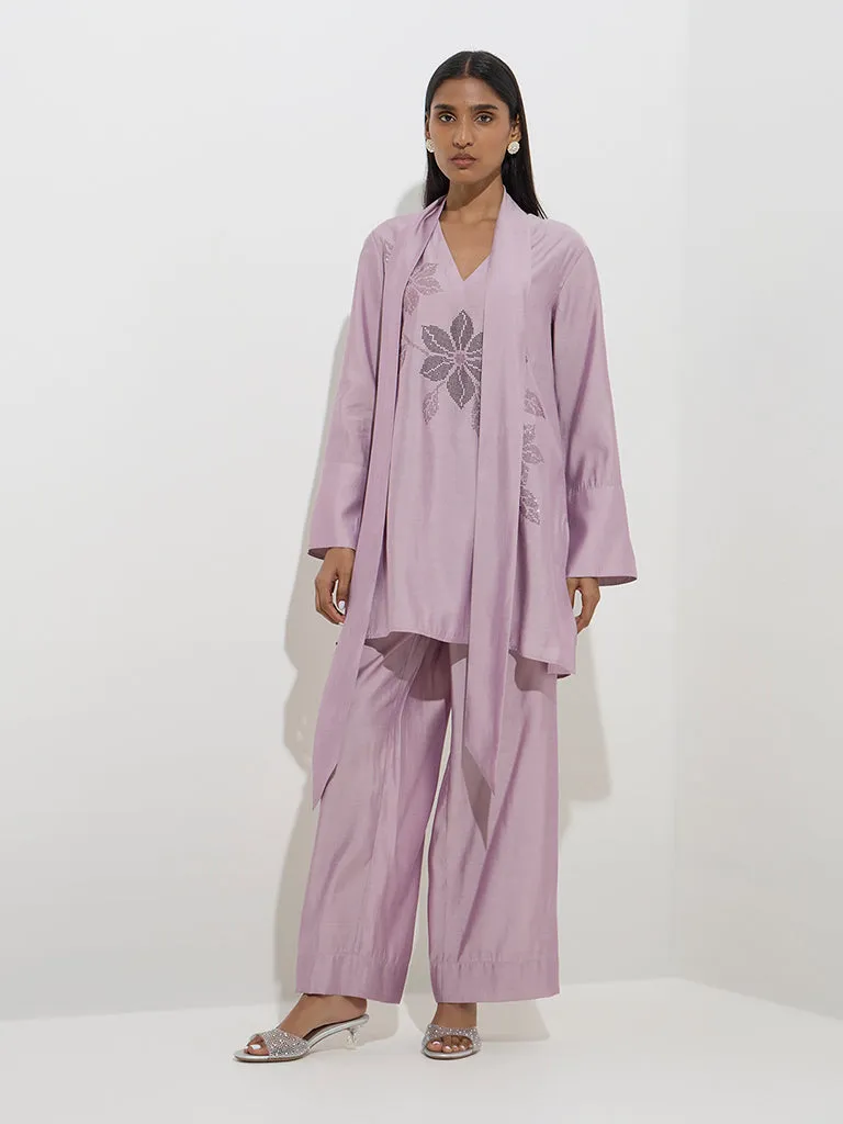 Vark Lilac Embellished A-Line Kurti. Palazzos and Sash Set