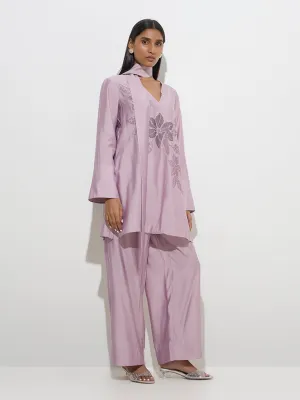 Vark Lilac Embellished A-Line Kurti. Palazzos and Sash Set