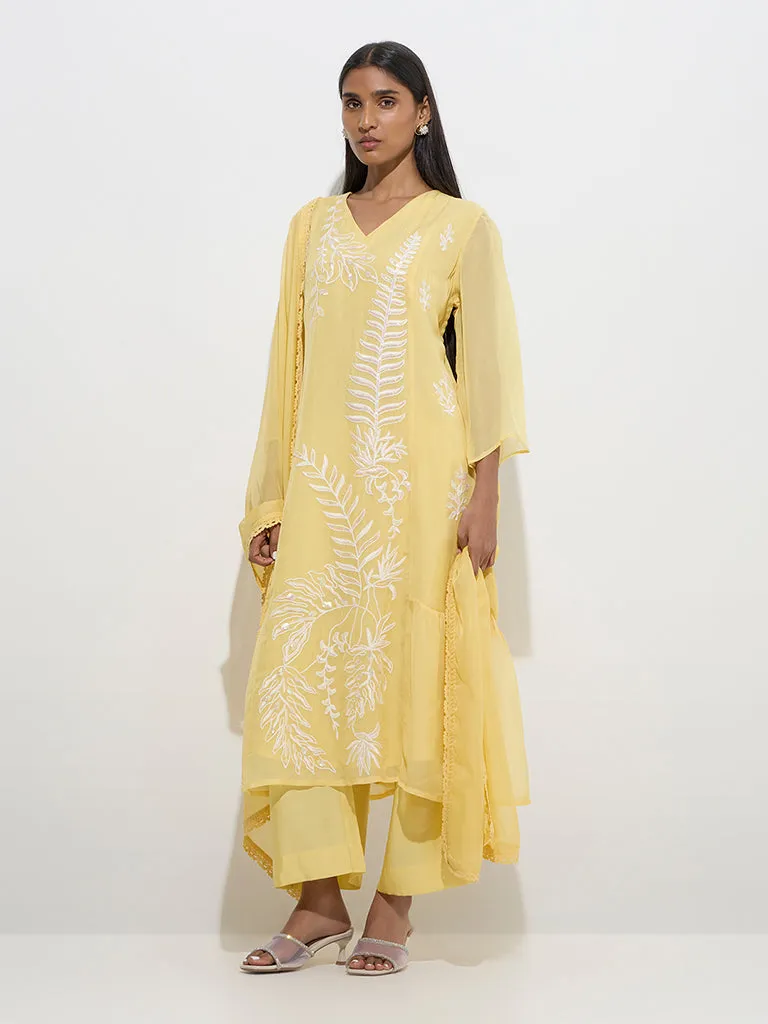 Vark Yellow Botanical A-Line Kurta. Palazzos & Dupatta Set
