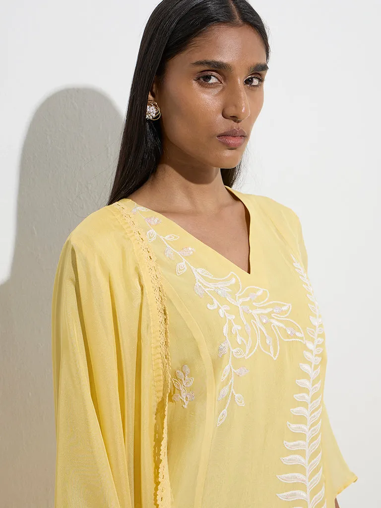 Vark Yellow Botanical A-Line Kurta. Palazzos & Dupatta Set