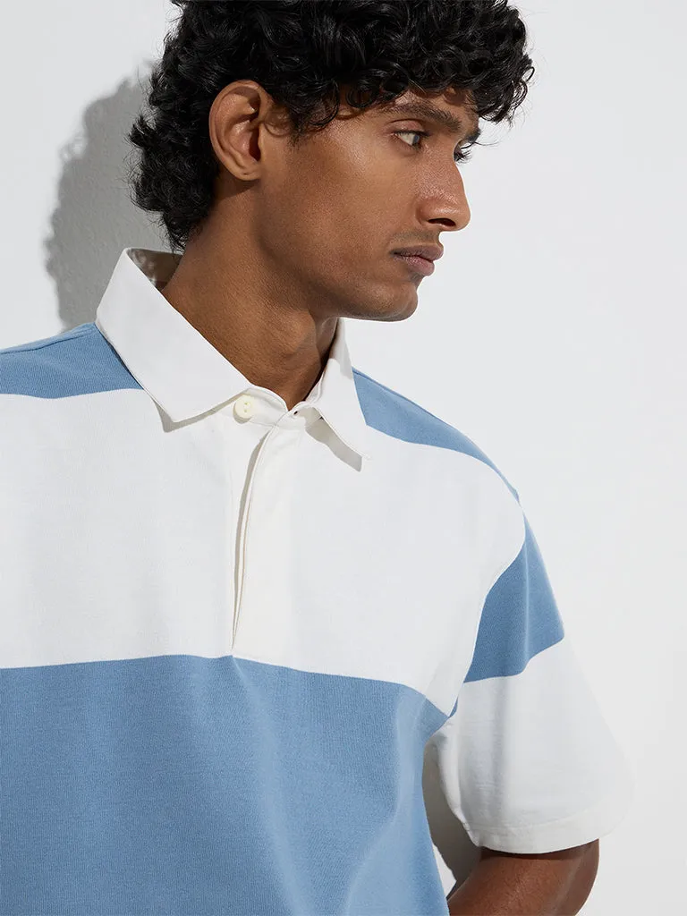 WES Casuals Blue Colour-Blocked Relaxed-Fit Polo T-Shirt