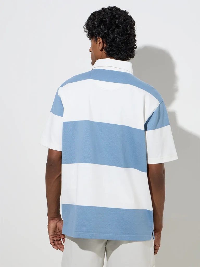 WES Casuals Blue Colour-Blocked Relaxed-Fit Polo T-Shirt