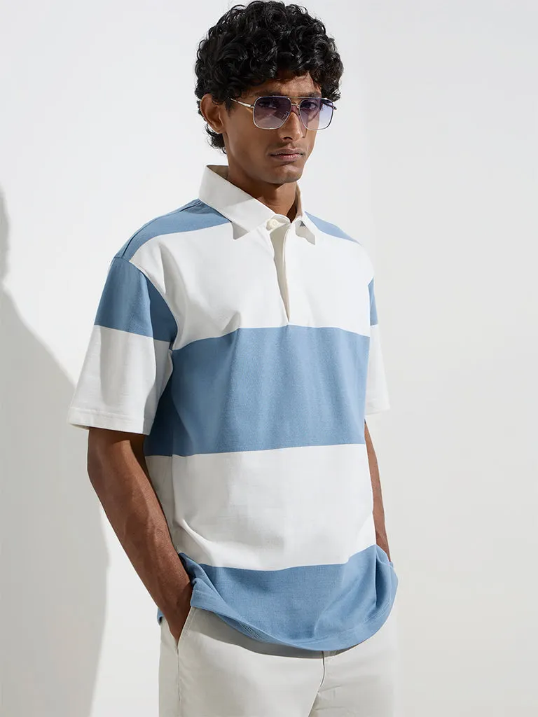 WES Casuals Blue Colour-Blocked Relaxed-Fit Polo T-Shirt