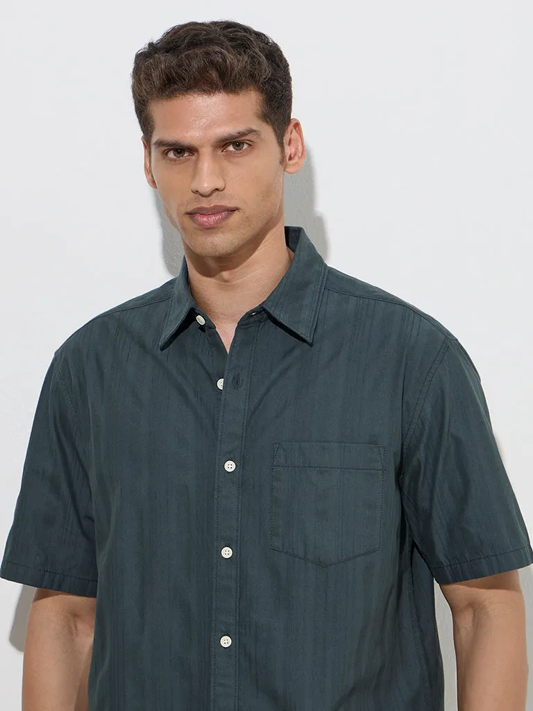 WES Casuals Dark Green Self Relaxed-Fit Cotton Shirt