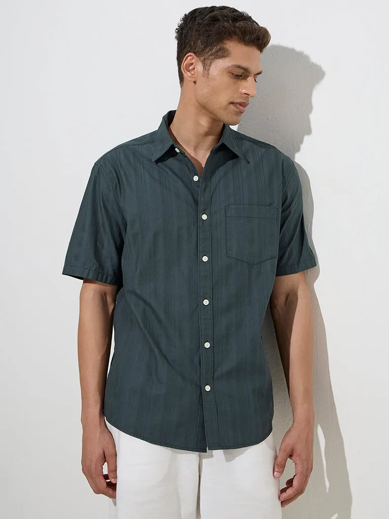 WES Casuals Dark Green Self Relaxed-Fit Cotton Shirt