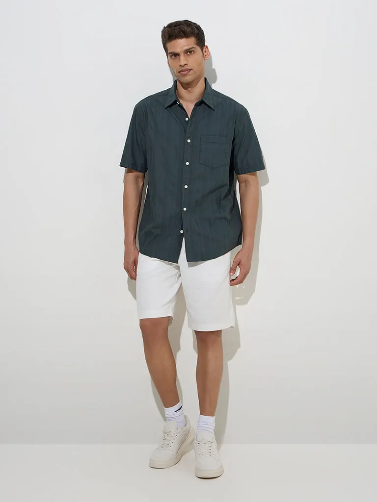 WES Casuals Dark Green Self Relaxed-Fit Cotton Shirt