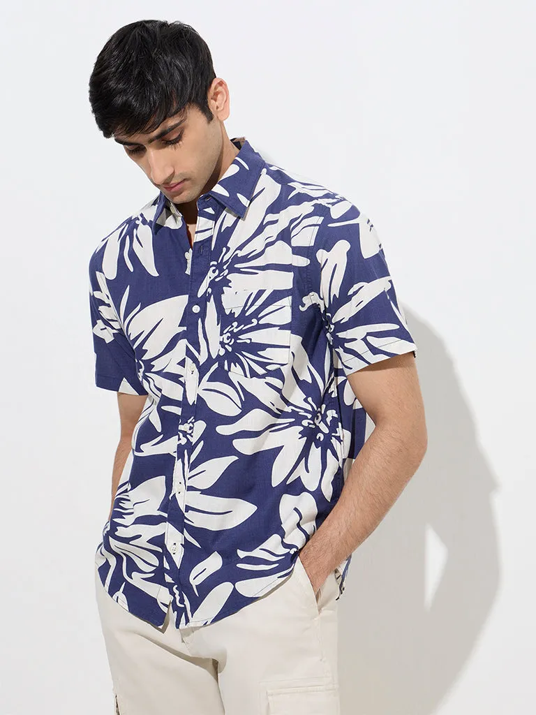 WES Casuals Navy Floral Printed Relaxed-Fit Cotton Shirt