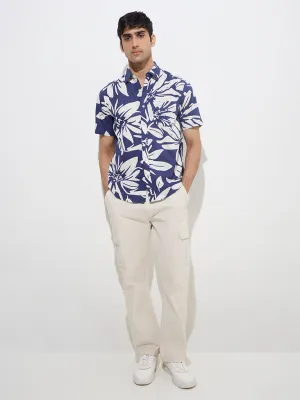 WES Casuals Navy Floral Printed Relaxed-Fit Cotton Shirt